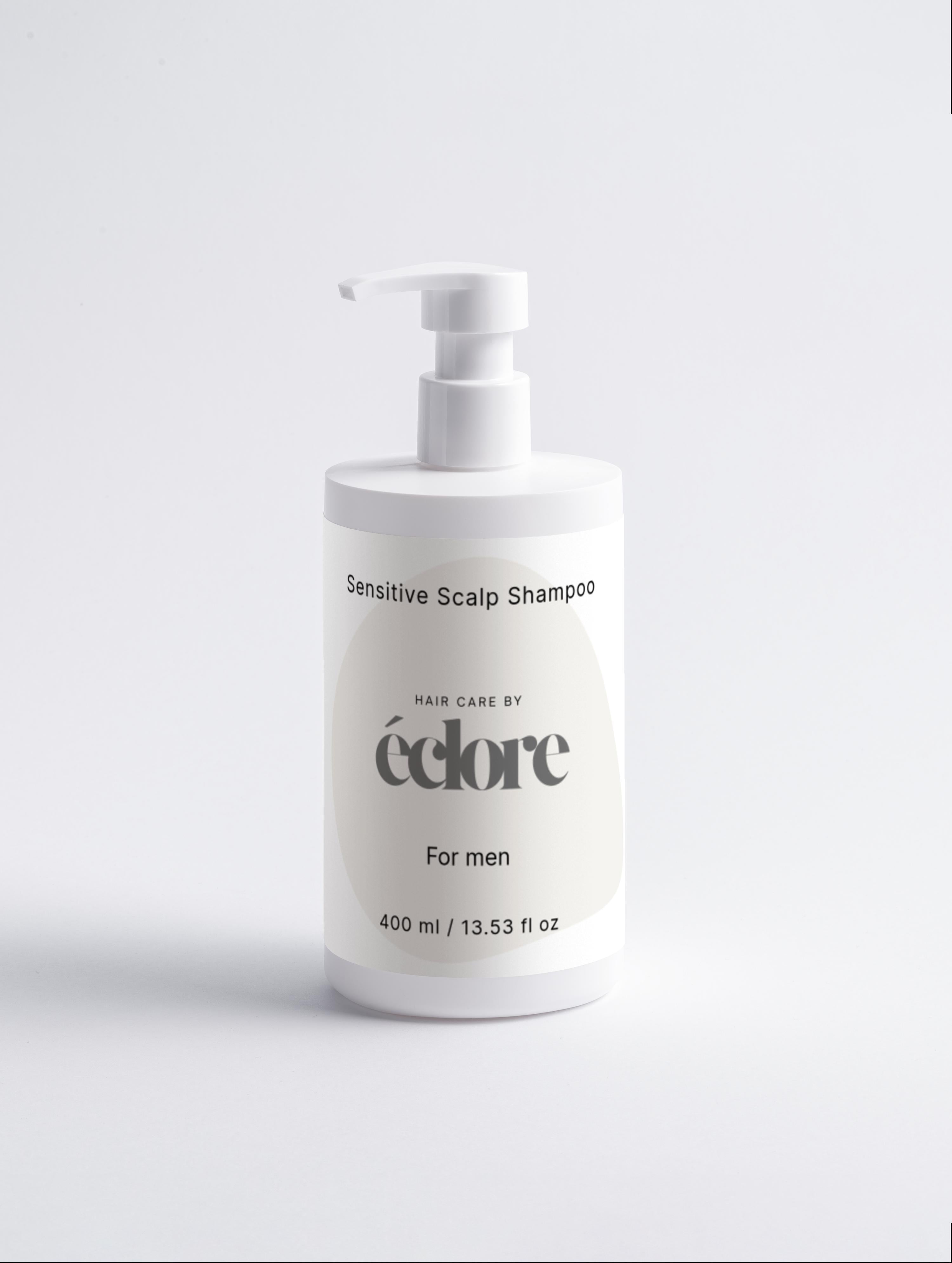 Vit pumpflaska med Sensitive Scalp Shampoo från éclore, 400ml mild schampo för känslig hårbotten