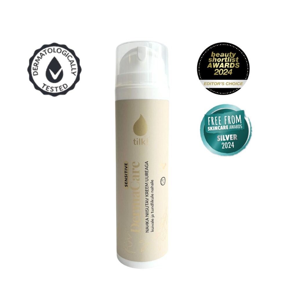 Tilk! DermaCare Sensitive ureakräm i beige pump-flaska med vit pump, dermatologiskt testad med utmärkelser
