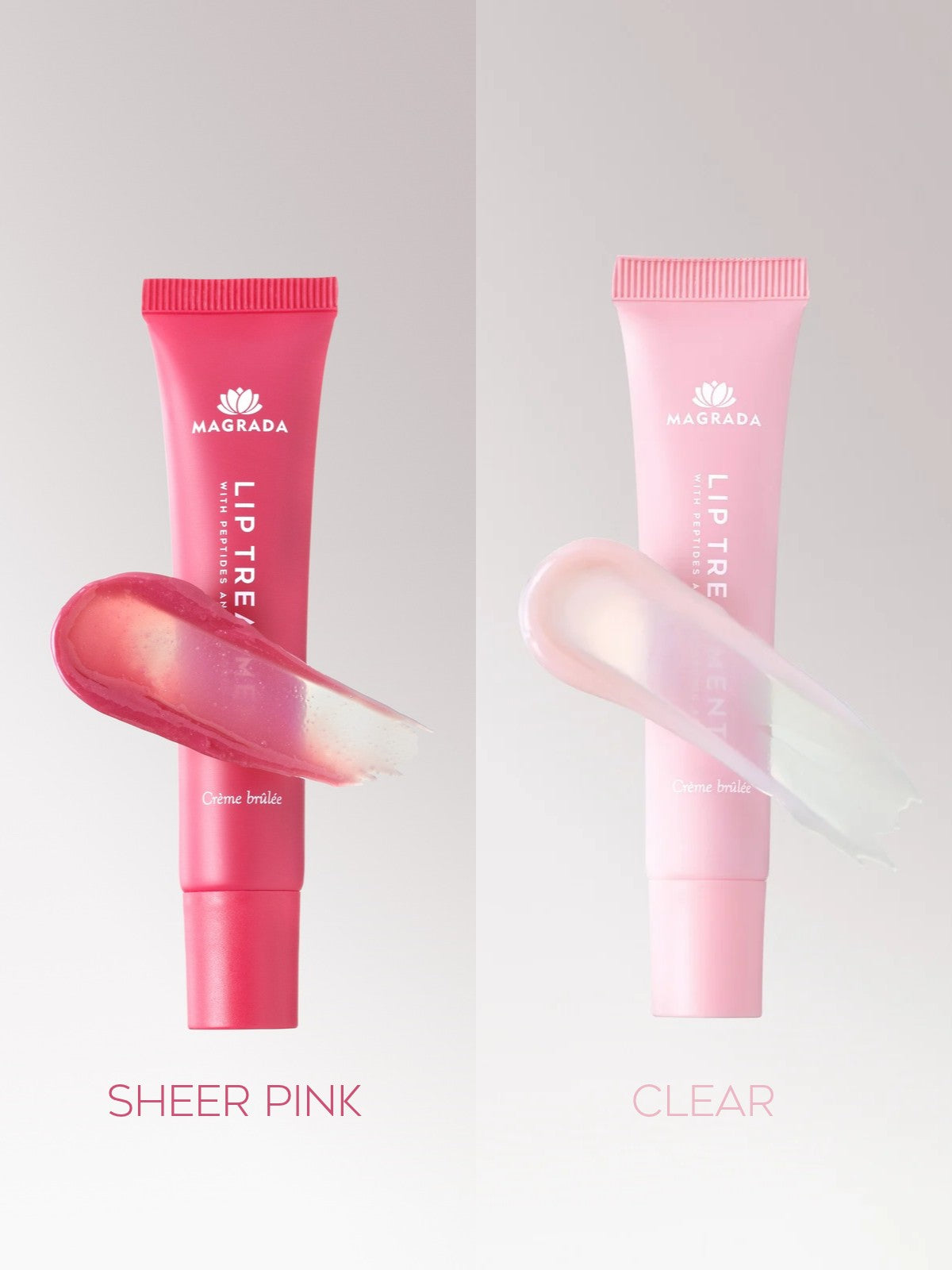 Tonad läppbalsam med hyaluronsyra från Magrada i Sheer Pink och Clear, med texturstrykning
