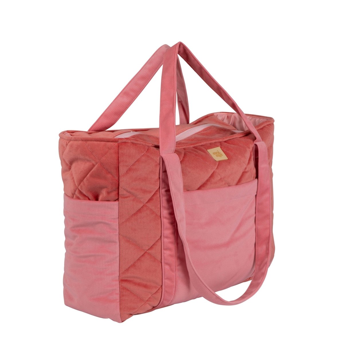 Rosa handgjord weekenderbag i sammet med yttre fickor och dubbla axelremmar