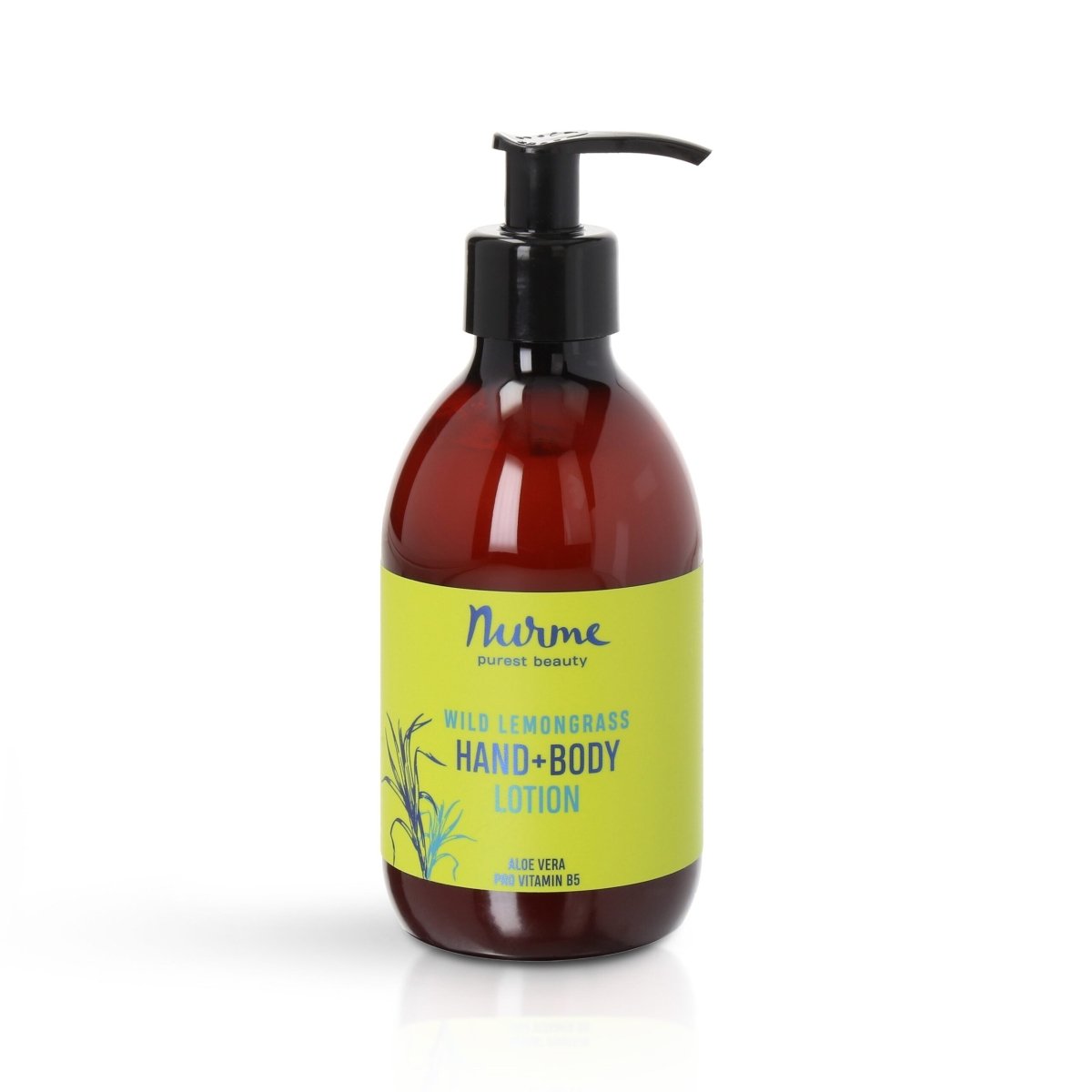 Wild Lemongrass Hand och Body Lotion i brun glasflaska med gul etikett och svart pumpförslutning, 300ml