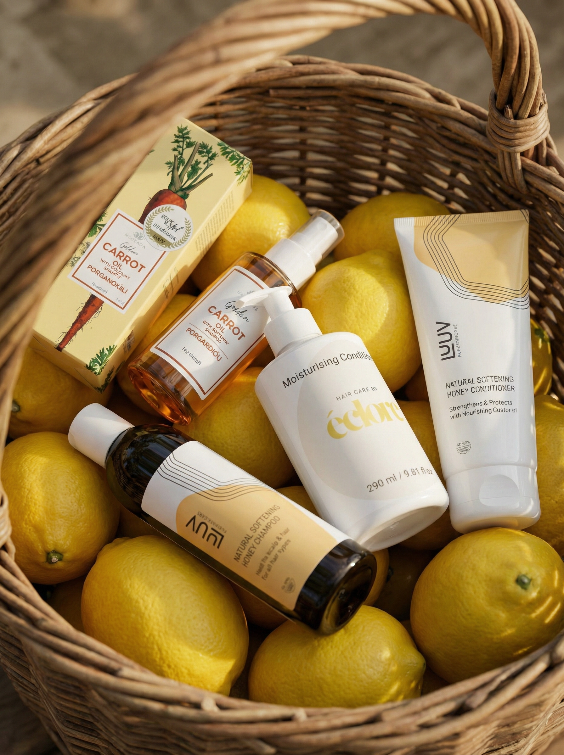 Naturlig hårvård från éclore - Schampo, balsam och hårolja med citrusextrakt i vävd korg