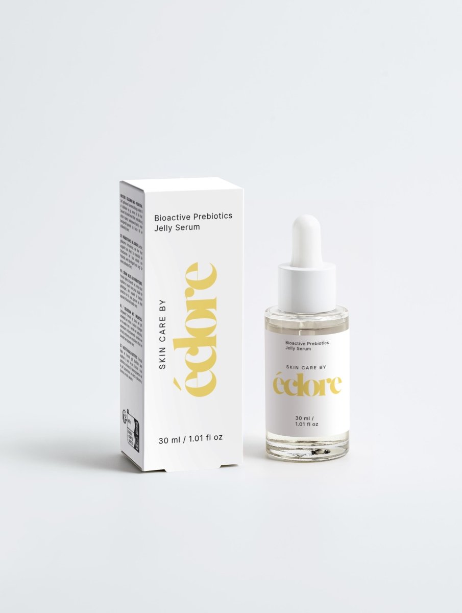 Bioactive Prebiotics Jelly Serum i glasflaska med vit pump och matchande vit kartongförpackning, 30 ml naturlig hudvård