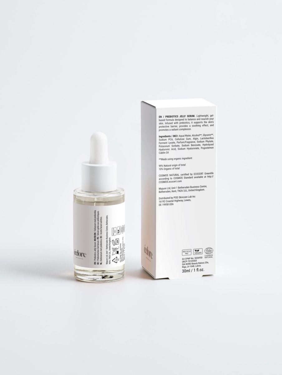 Eclore Bioactive Prebiotics Jelly Serum i klar glasflaska med pumpspray och vit förpackning, 30ml