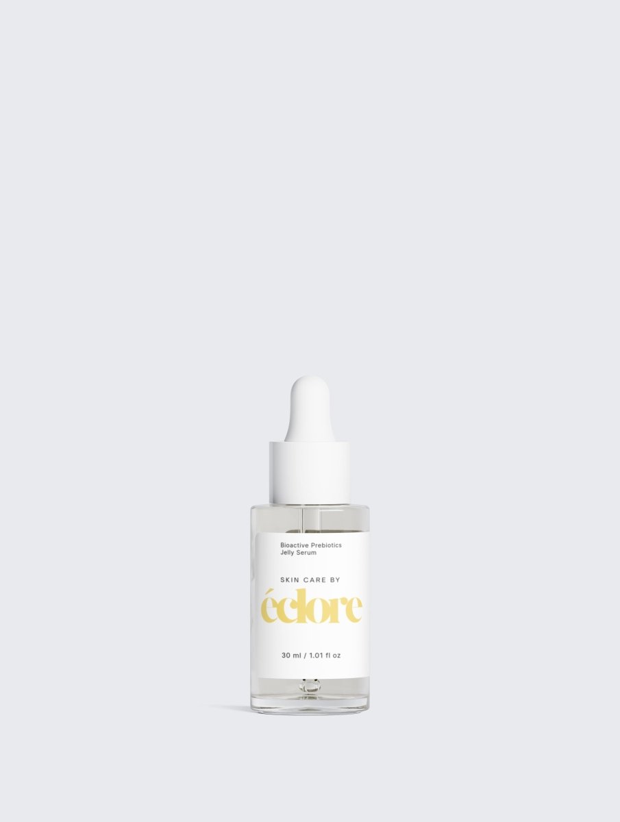 Bioactive Prebiotics Jelly Serum i genomskinlig glasflaska med vit pump och etikett, 30 ml hudvårdsserum från éclore