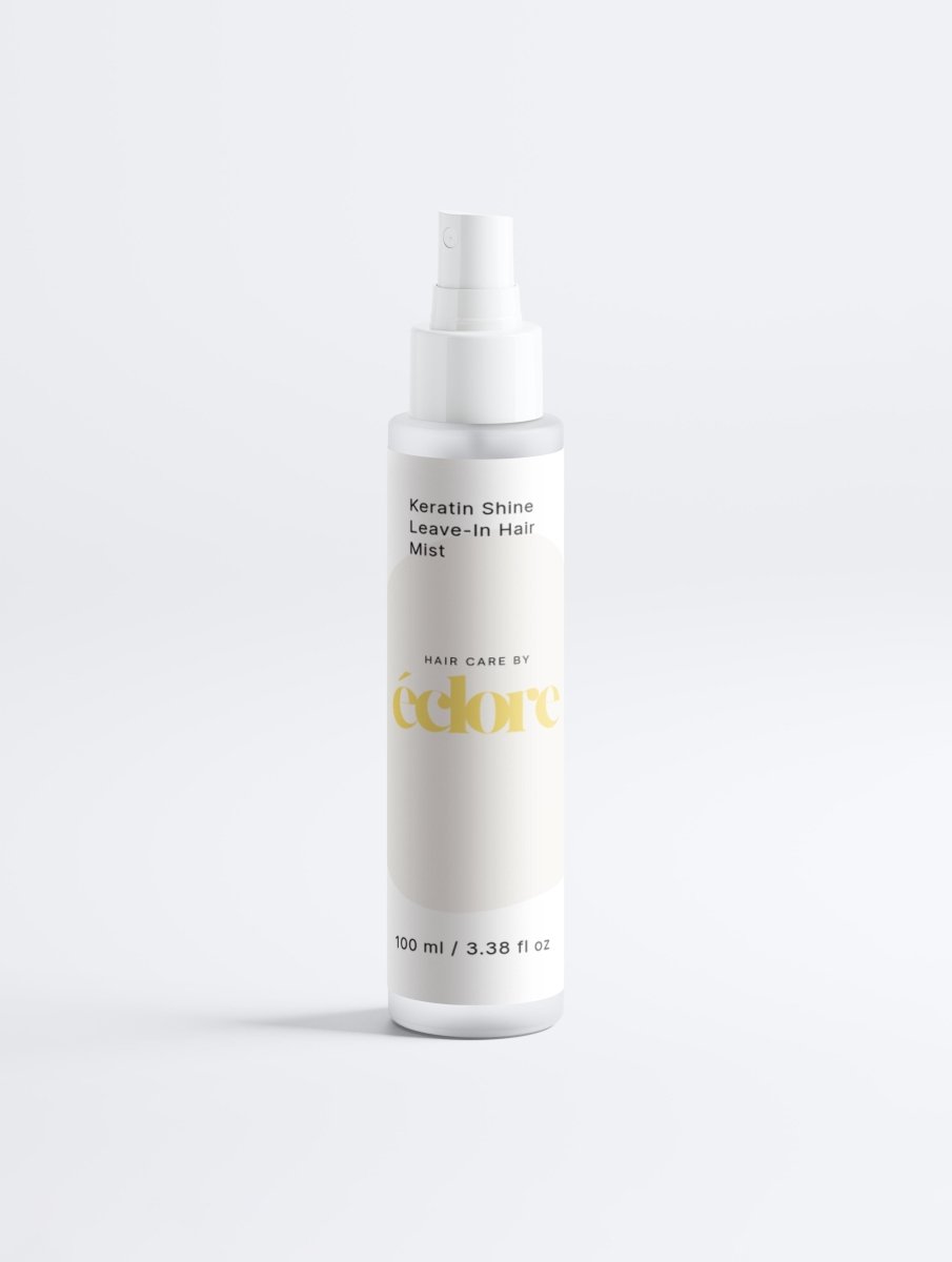 Keratin Shine Leave-In Hair Mist i vit sprayflaska med pump, 100ml, minimalistisk design mot ljus bakgrund