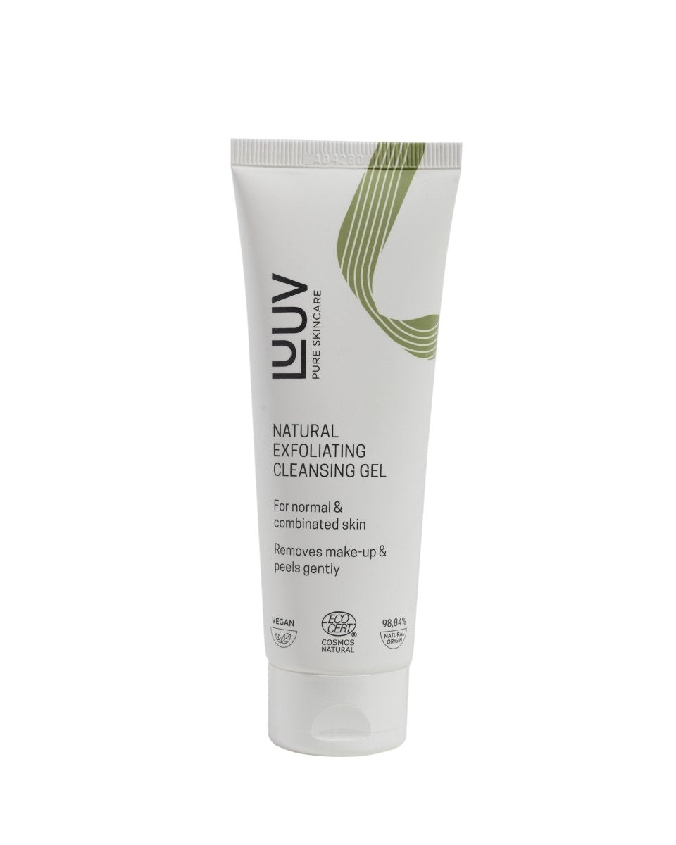 Vit tub med naturlig exfolierande rengöringsgel från LUV Pure Skincare, grön dekorativ design, 75ml hudvård