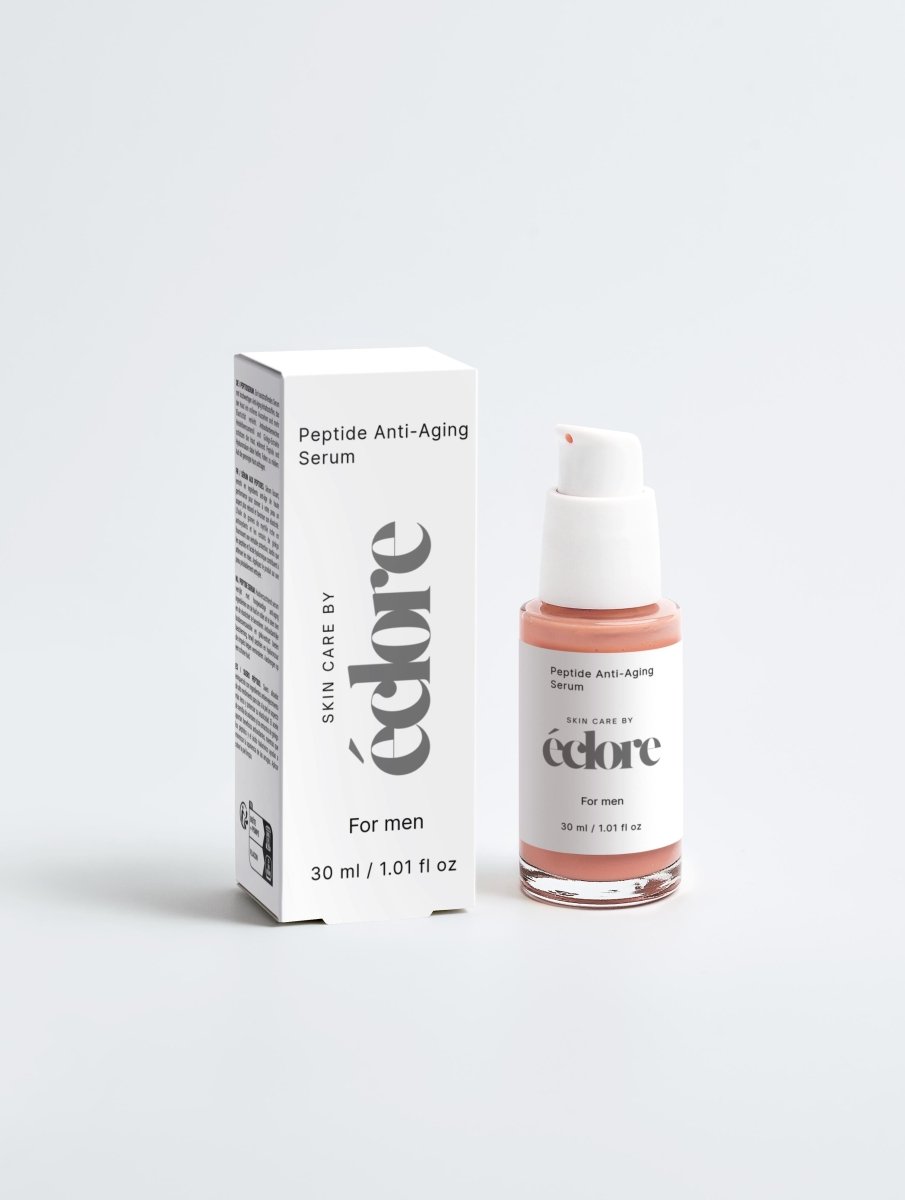 Peptide Anti-Aging Serum från éclore i vit förpackning med rosa serum i glasflaska med pump, 30ml
