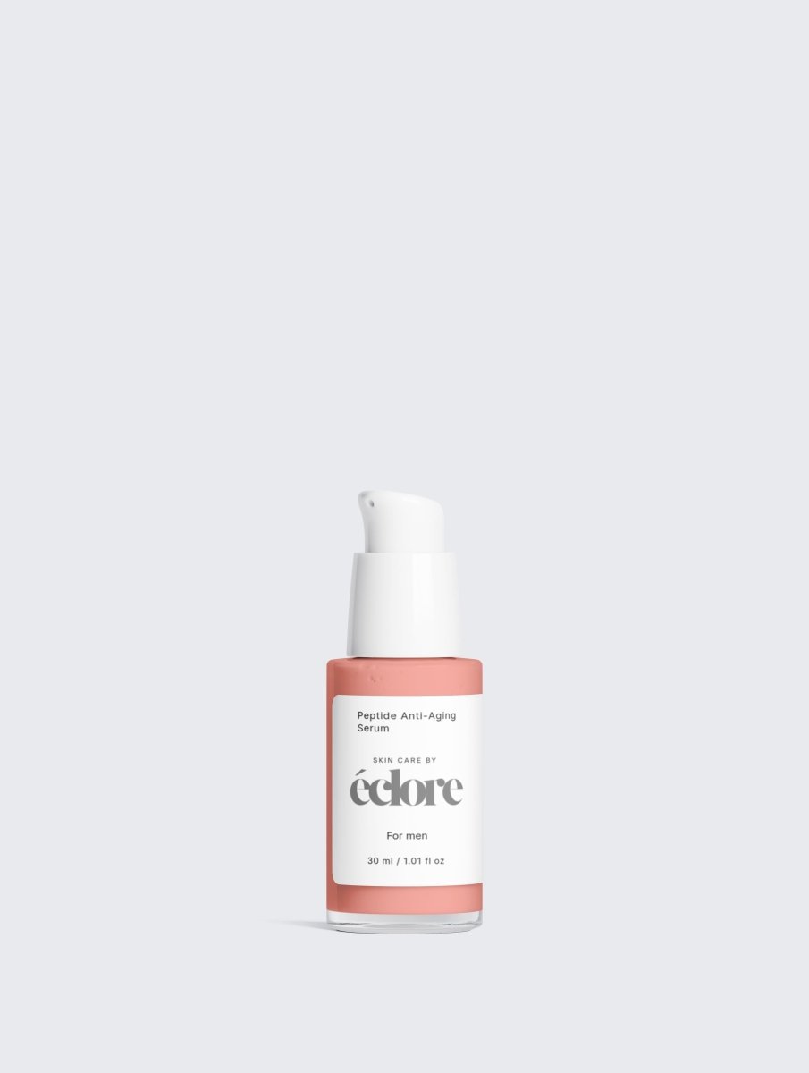 Peptide Anti-Aging Serum från éclore i glasflaska med vit pump och korallröd etikett, 30ml hudvård för män