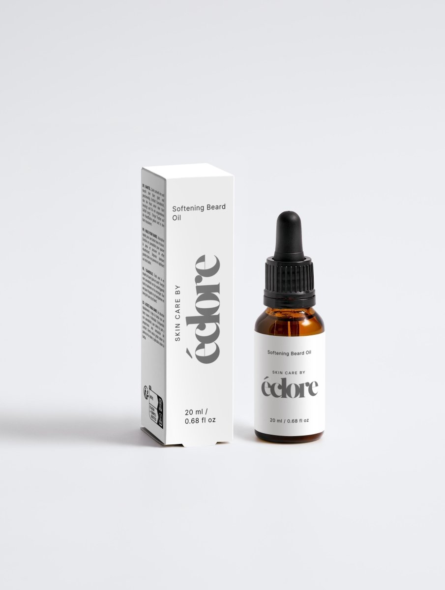 Softening Beard Oil i 20ml brun glasflaska med pipett och vit kartongförpackning från éclore