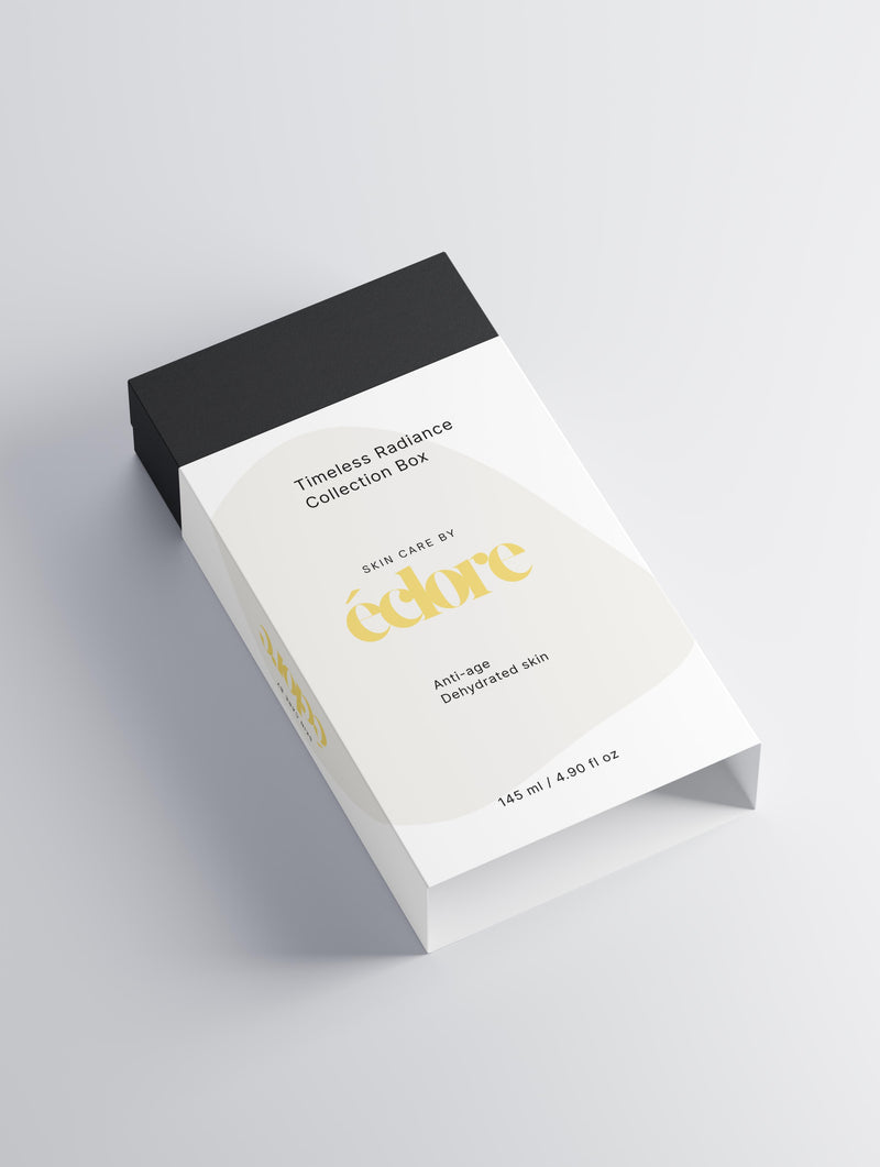 Vit produktförpackning med svart lock för Timeless Radiance Collection Box från éclore, elegant design mot ljus bakgrund