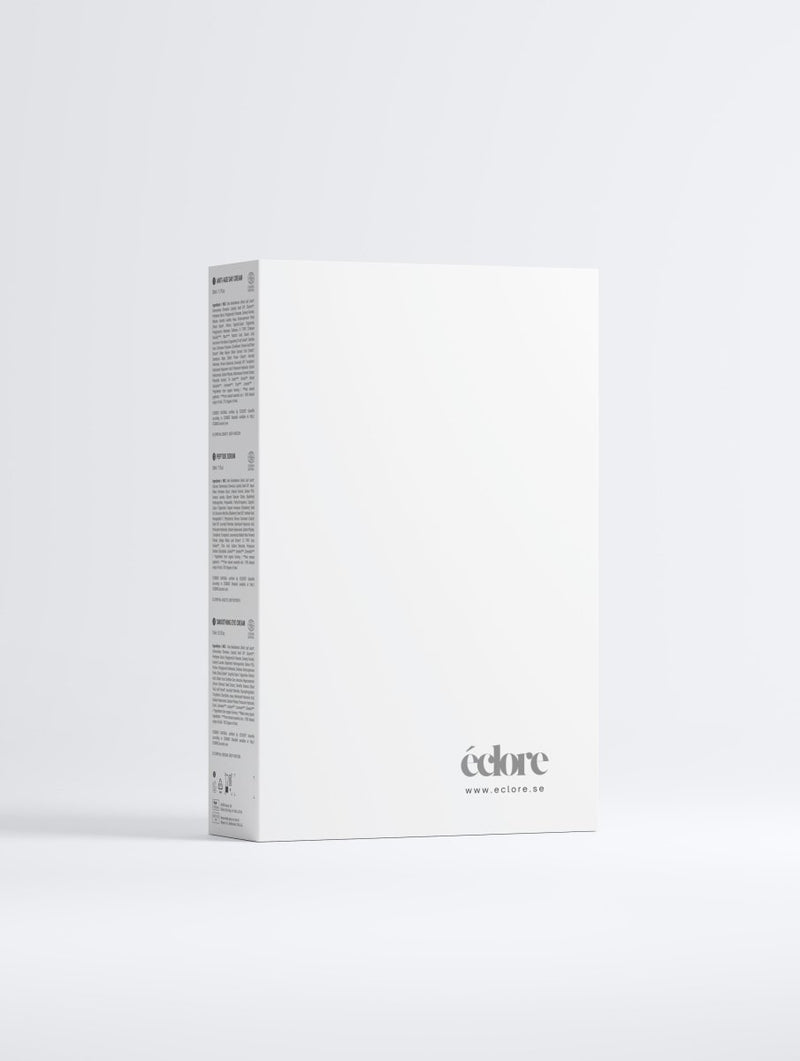 Vit rektangulär förpackningslåda för Anti-Ageing Collection Box med svart text och éclore logotyp på vit bakgrund