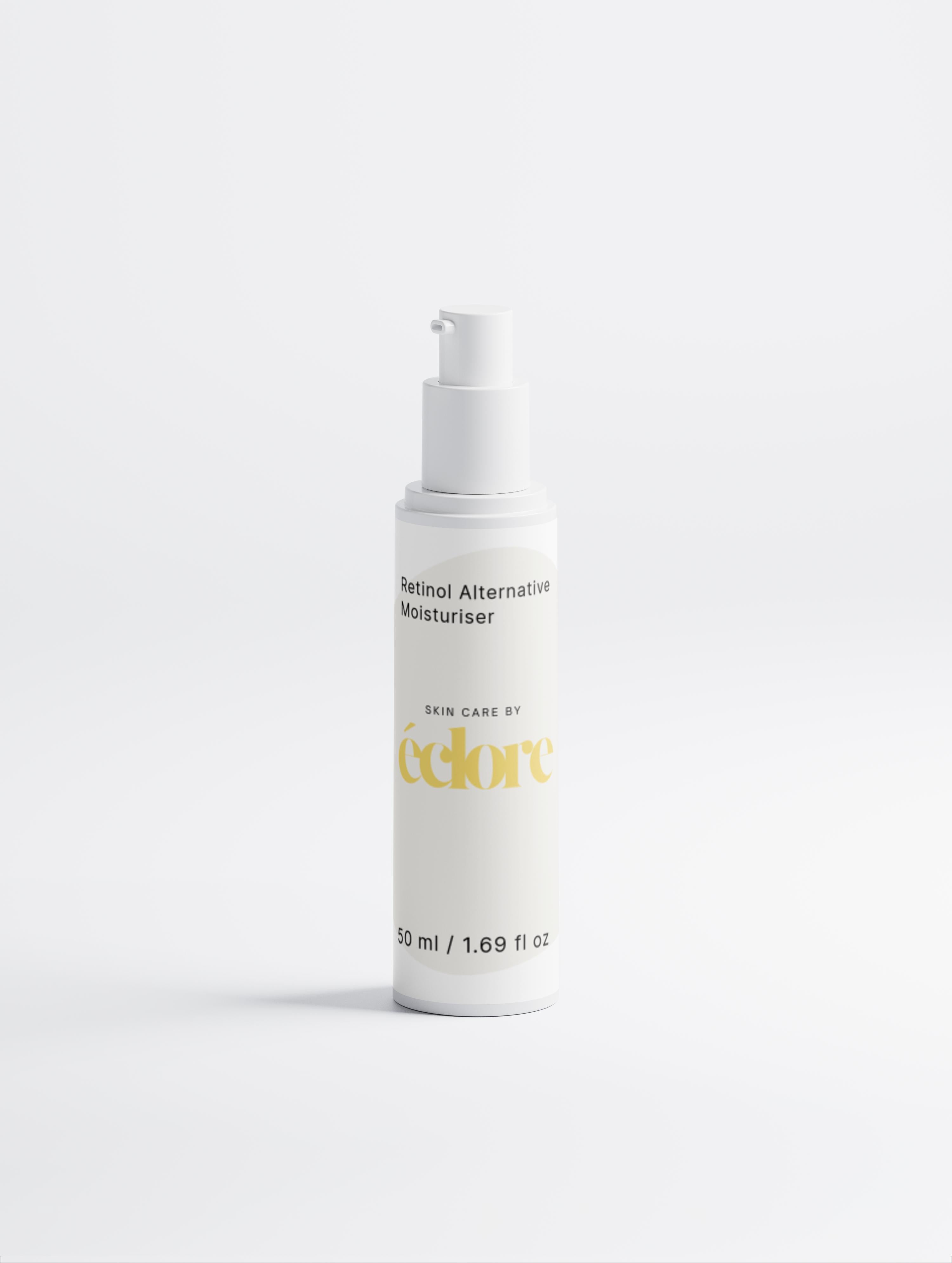 Vit pumpflaska med Retinol Alternative Moisturiser 50 ml från éclore mot ljusgrå bakgrund