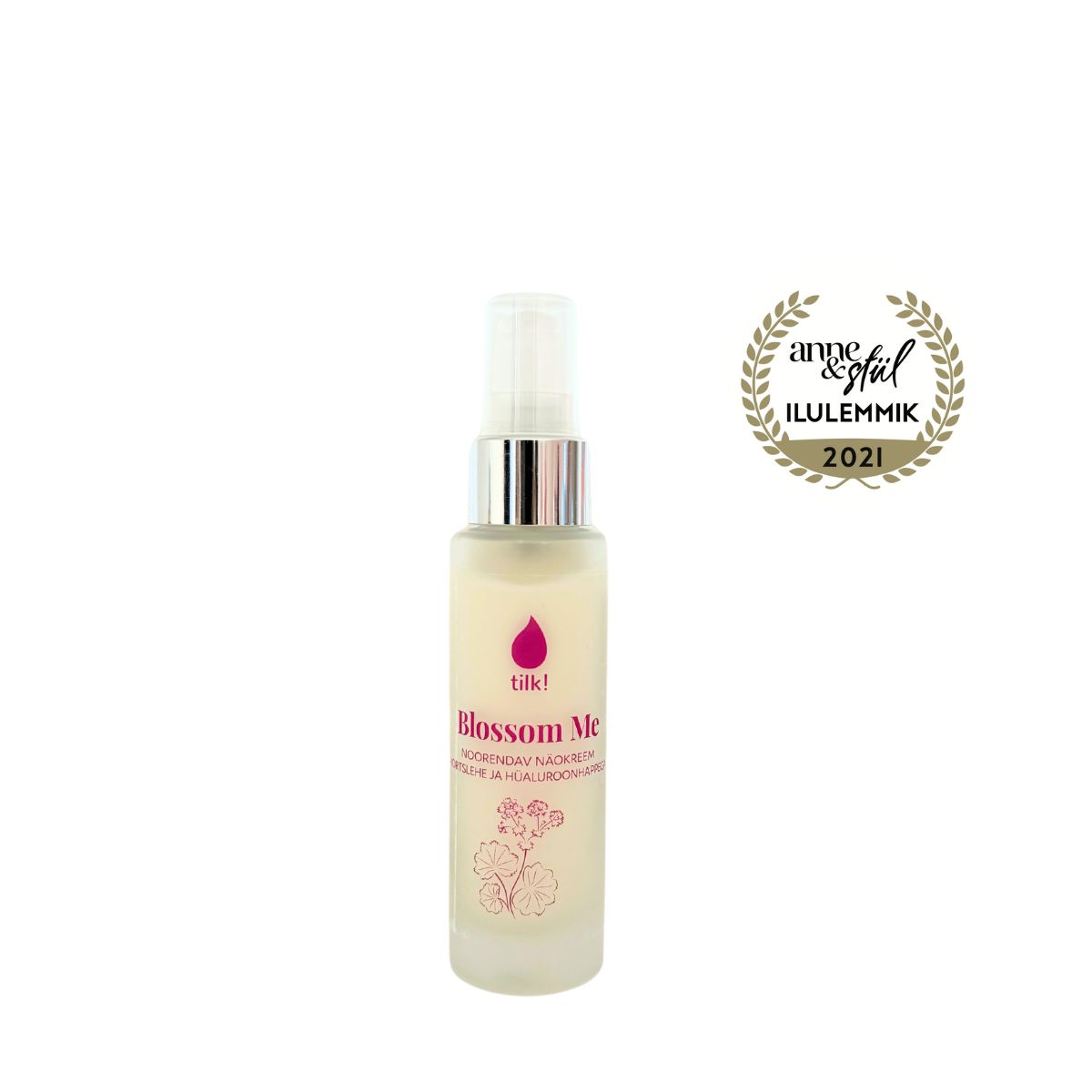 Blossom Me dagkräm för torr hud – frostad pumpflaska 50 ml med rosa text och blomdekor från Tilk!