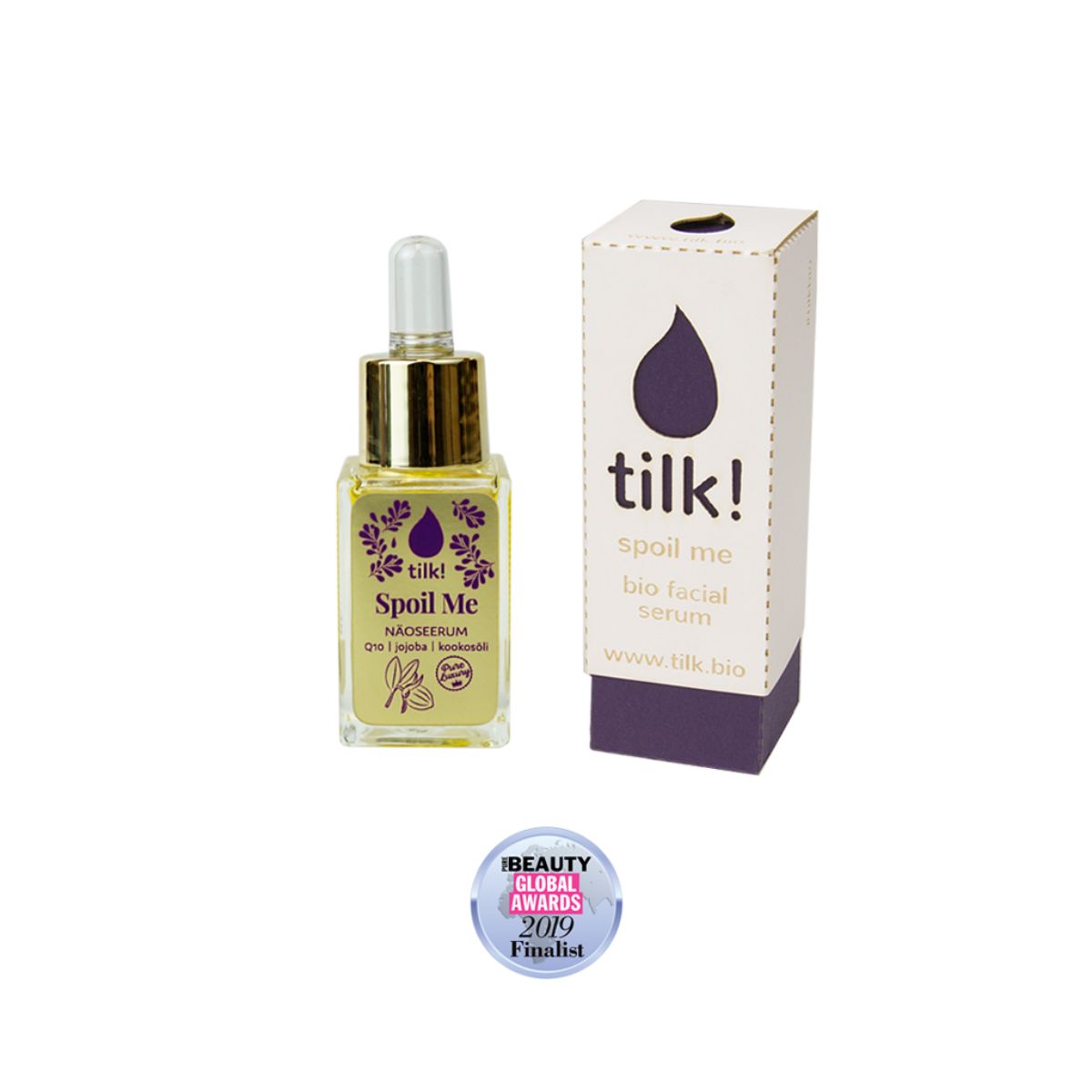 Spoil Me anti-age serum med Q10, glasflaska med pipett bredvid förpackning, tilk!