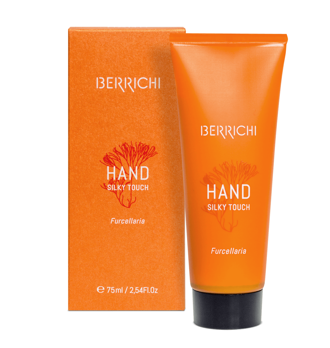 Orange handkräm i tub med matchande förpackning från Berrichi, Furcellaria variant, 75ml