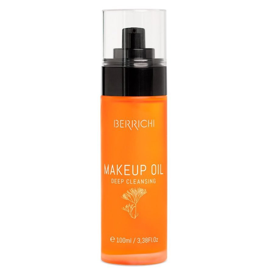 Orange sprayflaska med svart pump innehåller Berrichi Deep Cleansing Makeup Oil 100ml för sminkborttagning
