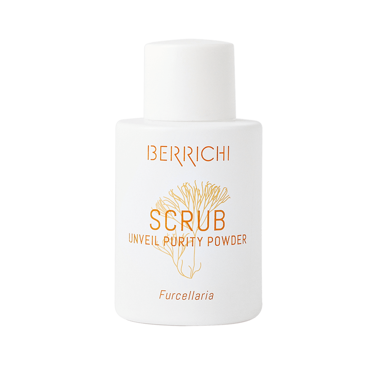 Berrichi Scrub Unveil Purity Powder - vit cylindrisk flaska med pump och guldtext, ansiktspeeling puderskrubb
