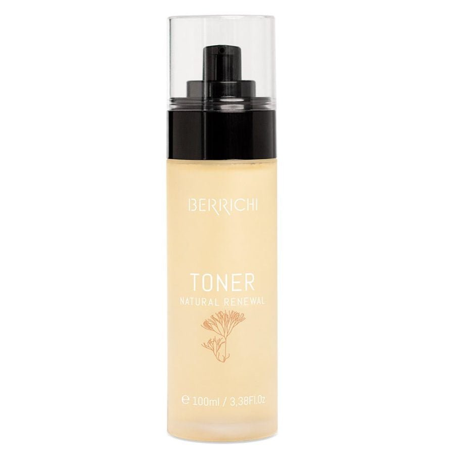BERRICHI TONER Natural Renewal - genomskinlig spraypump flaska med ljusgul tonic, svart pump och transparent lock