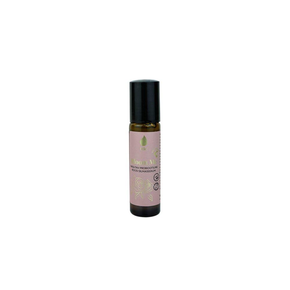 Bloom Me Moisturising Probiotic Rose Ögonserum i liten glasflaska med svart pump och rosa etikett med gulddetaljer