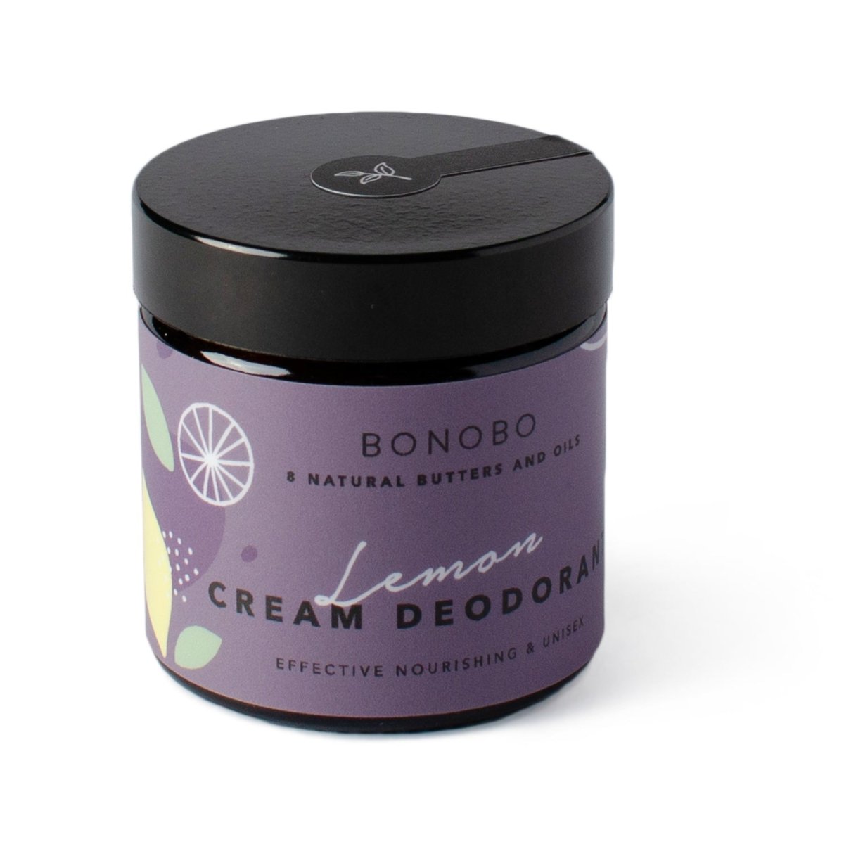 Bonobo deodorantkräm citron i lila burk med svart lock, naturlig hudvård med 8 naturliga smör och oljor