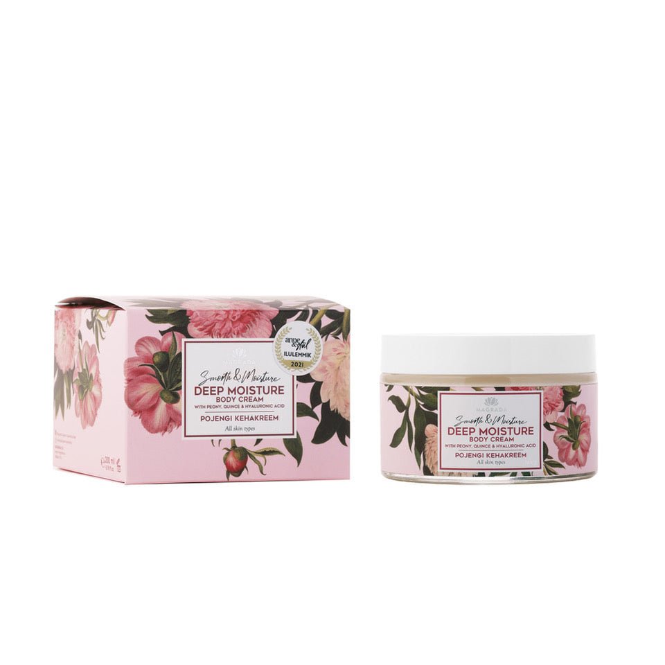 Body Cream Pion & Kvitten i rosa burk med matchande kartong, dekorerad med blommönster i rosa och grönt