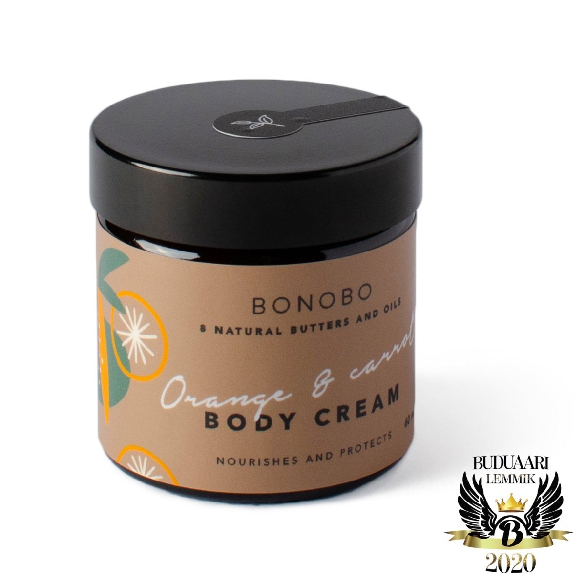 Rund glasburk med svart lock innehåller Bonobo Body Cream med apelsin och morot. Beige etikett med orange citrusdesign.