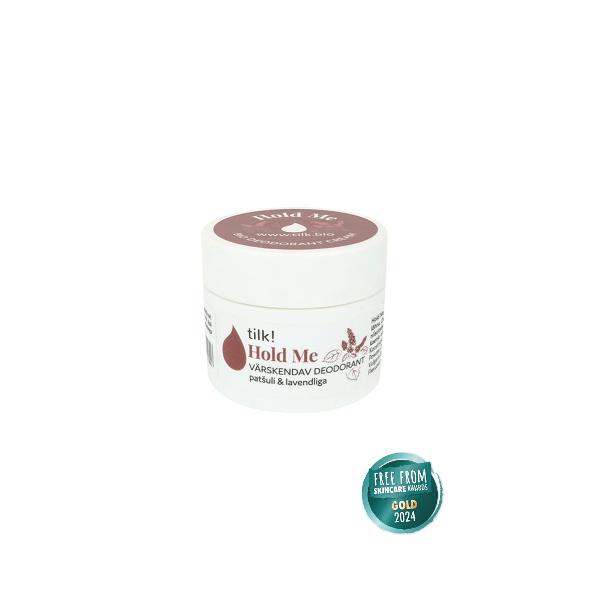 Vit burk med Tilk! Hold Me deodorant utan aluminium, patchouli & lavendel, med Gold 2024-utmärkelse