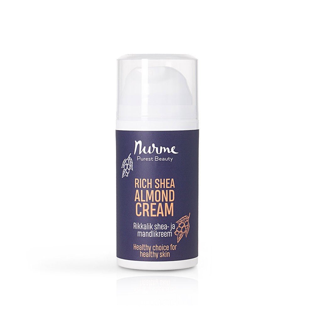 Ekologisk Shea & Mandelkräm i vit pumpflaska med lila etikett från Nurme Purest Beauty, 100ml närande fuktkräm