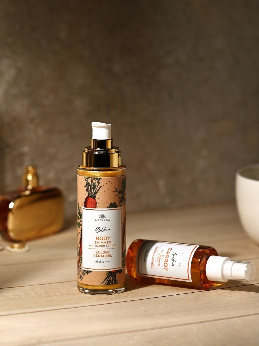 Golden Shimmer Gel med Morotsextrakt i gyllene glasflaska med pumpfunktion, naturlig glans för mogen hud