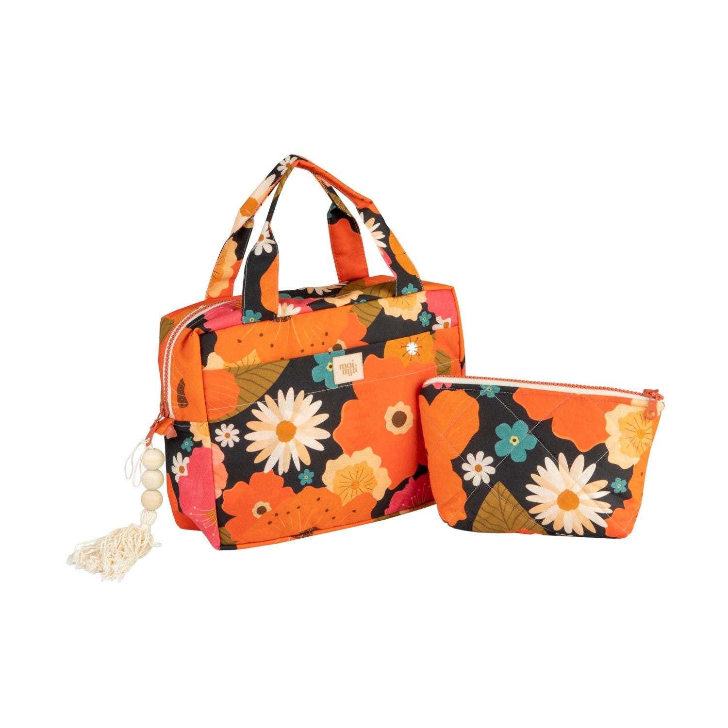 Handgjord sminkväska set i bomull med orange blomstermönster, stor väska och necessär