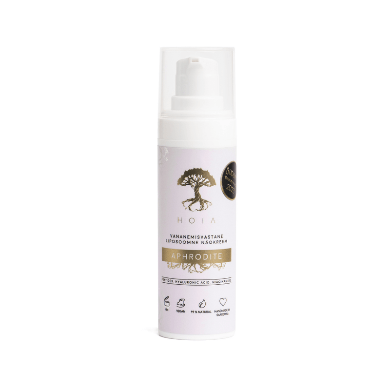 Vit pump-flaska med ljuslila etikett för Hoia Aphrodite Liposomal Face Cream, 30ml med trädlogo och gulddetaljer