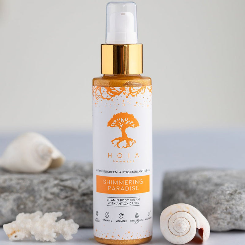 HOIA Kroppskräm Vitamin & Shimmer med antioxidanter i vit burk, naturlig kroppslotion med glittrig finish