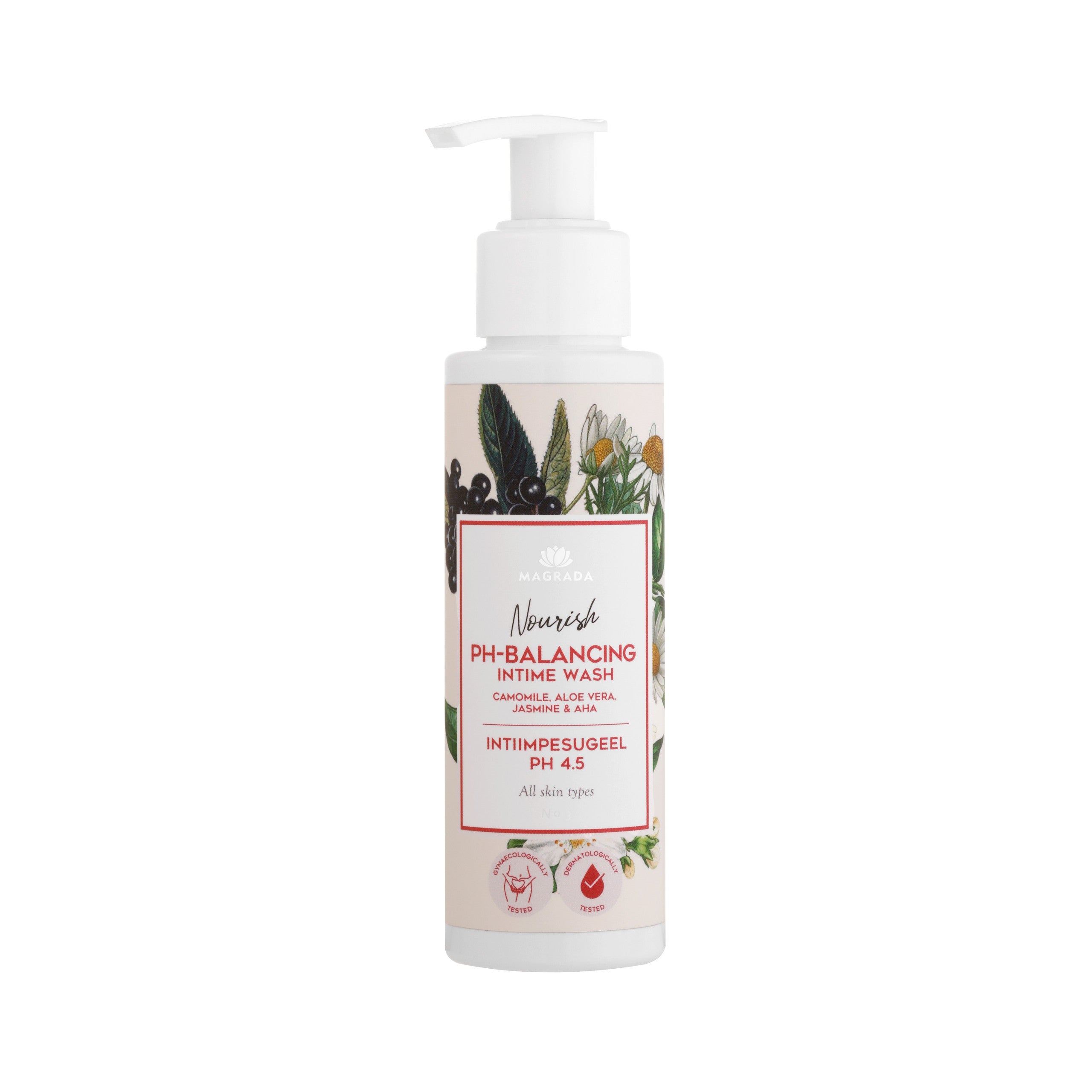 Magrada Organic Cosmetics intimduschgel med kamomill och aloe vera. pH 4.5 200 m. Flaska