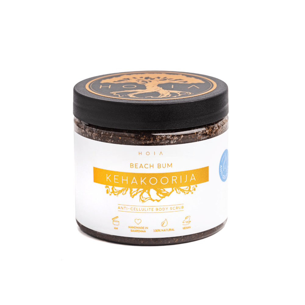 Burk med kaffeskrubb anti-cellulit från HOIA, svart lock, 200 ml
