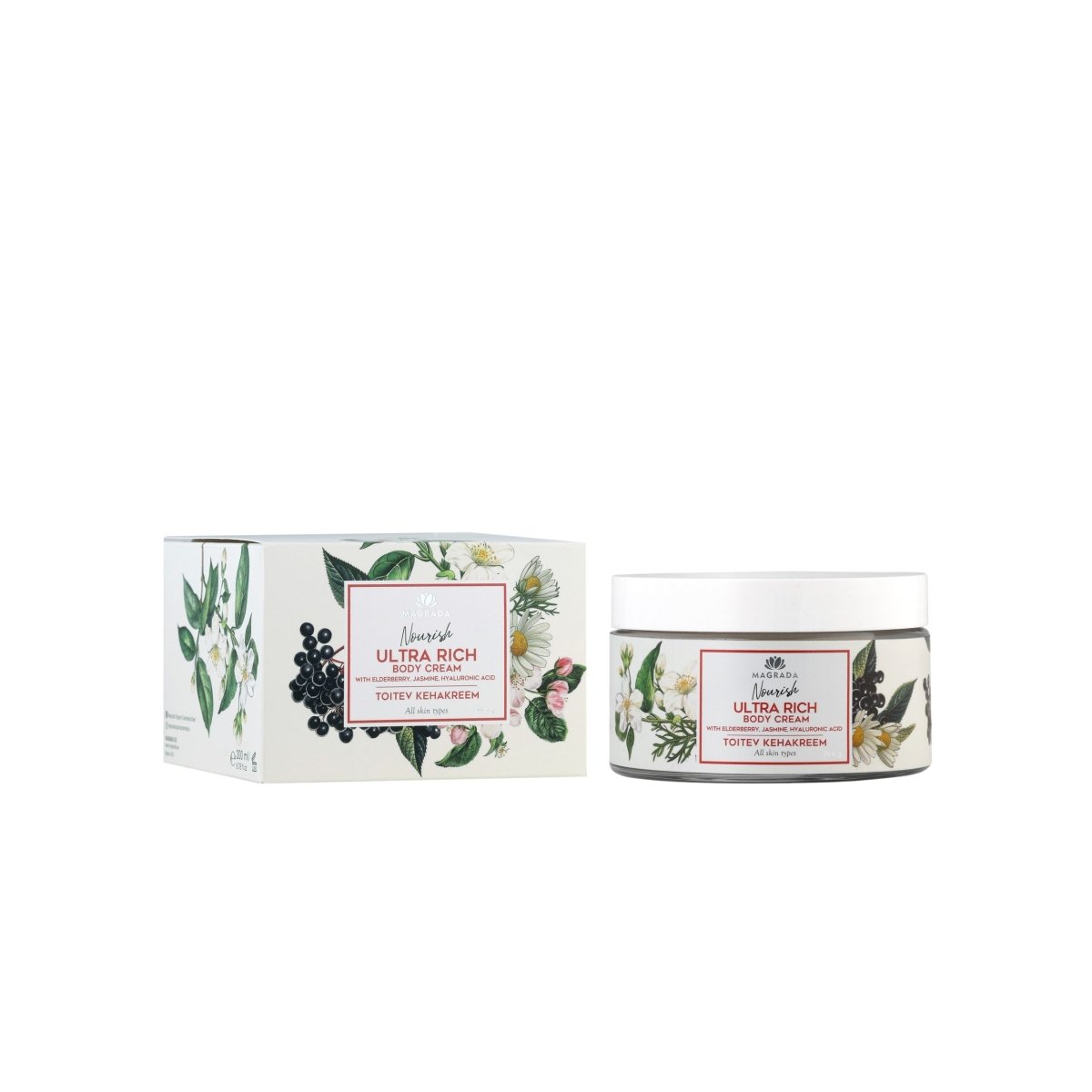 Kroppskräm torr hud fläder – burk och förpackning med blomstermotiv, 200 ml