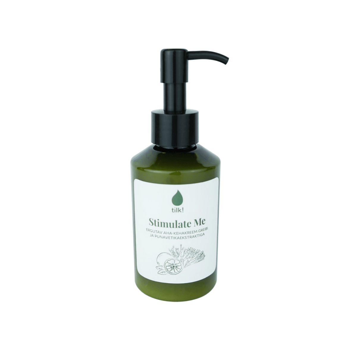 Grön pumpflaska med Stimulate Me kroppslotion AHA fruktsyra, grapefrukt och rödalgsextrakt, 150 ml