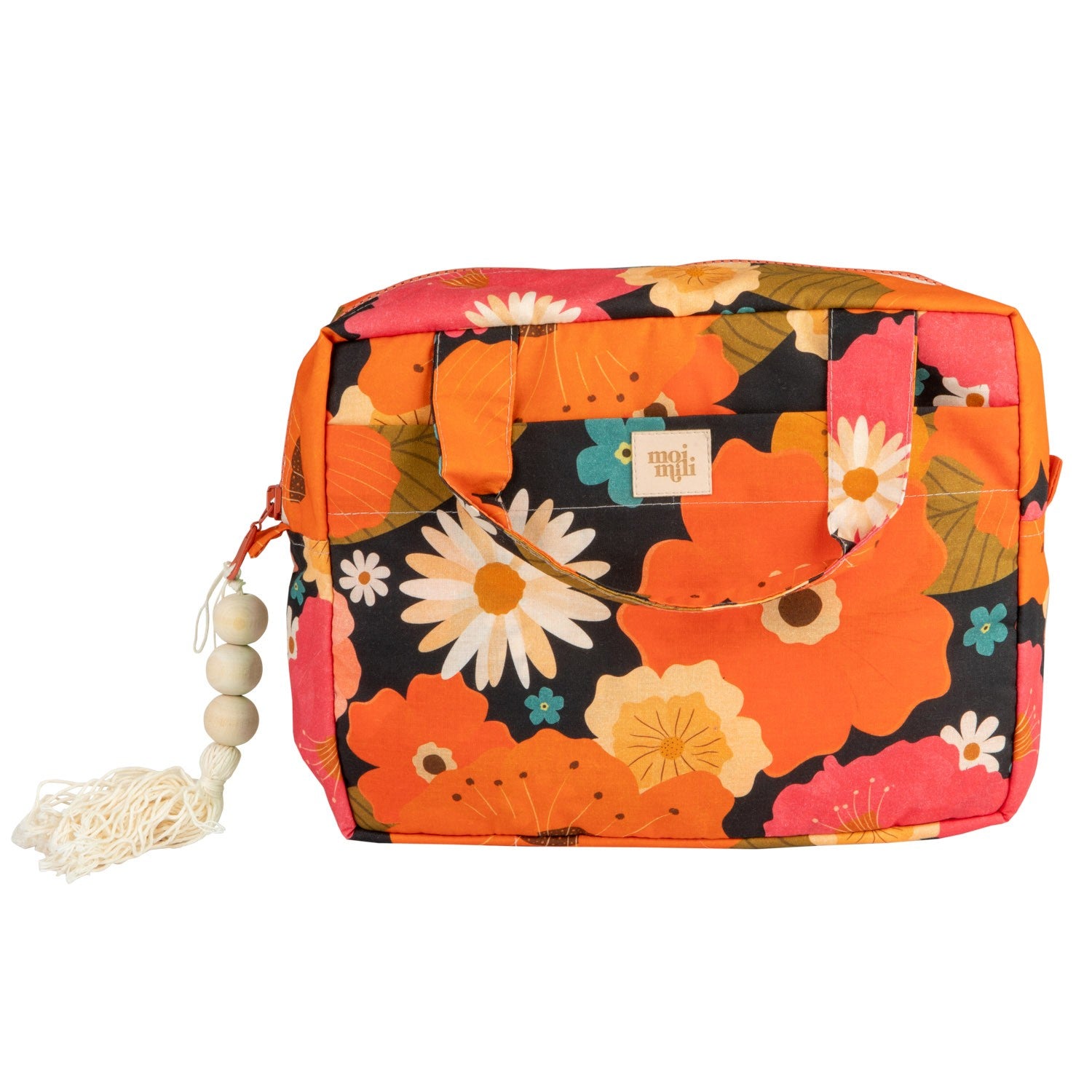 Large Make-Up Bag Picnic With Flowers - rektangulär necessär med färgglatt blommönster i orange, rosa och vita toner