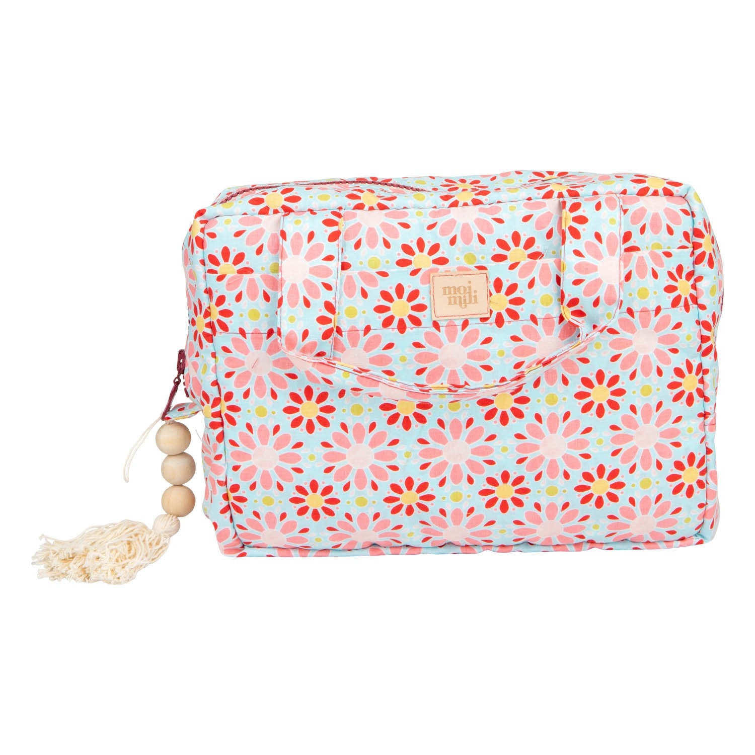 Large Make-Up Bag Red Flowers - stor necessär med blommönster i rosa, röda och blå nyanser, beige tofs