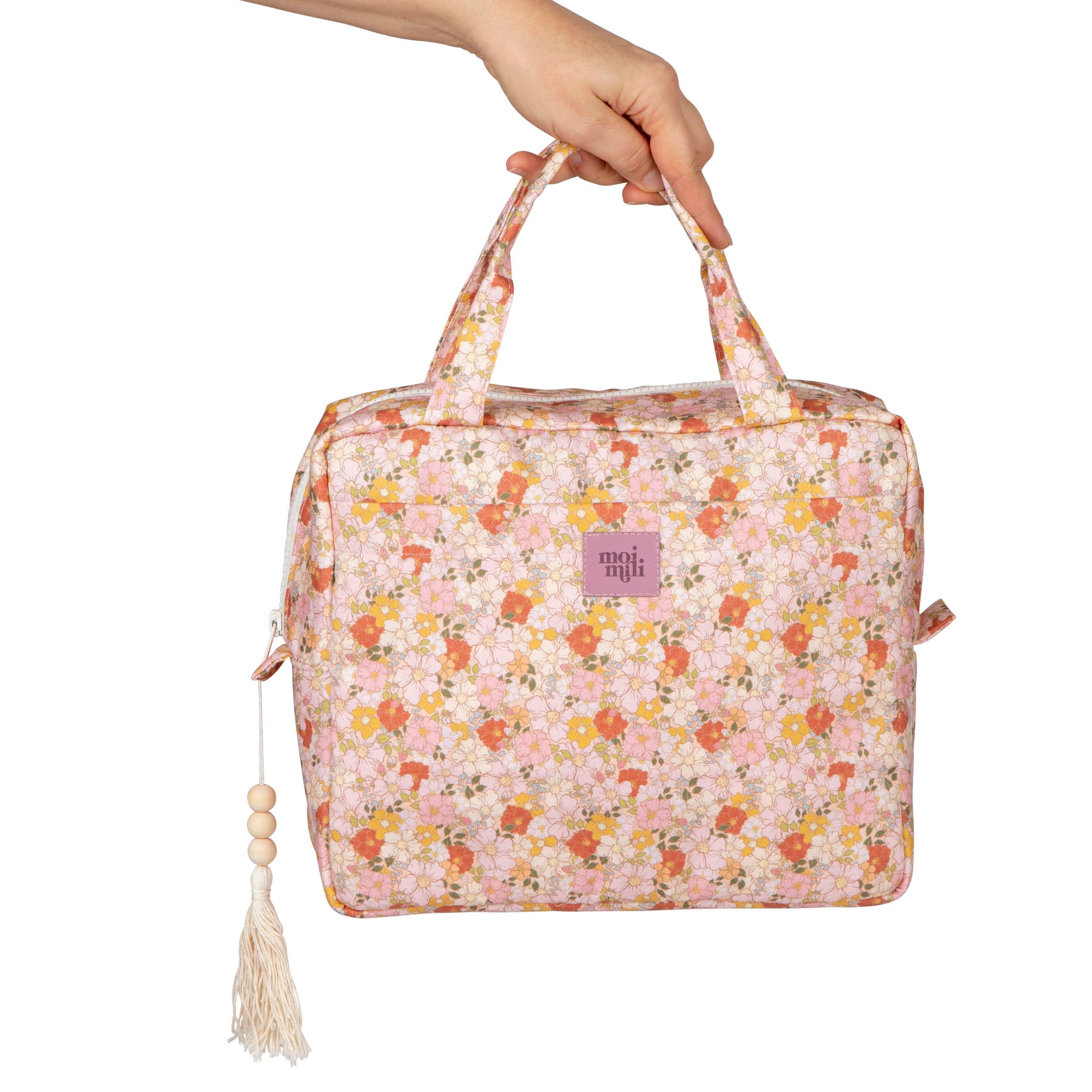 Large Make-Up Bag Spring Garden - blommig necessär i rosa nyanser med gul dragkedja, handtag och tofs