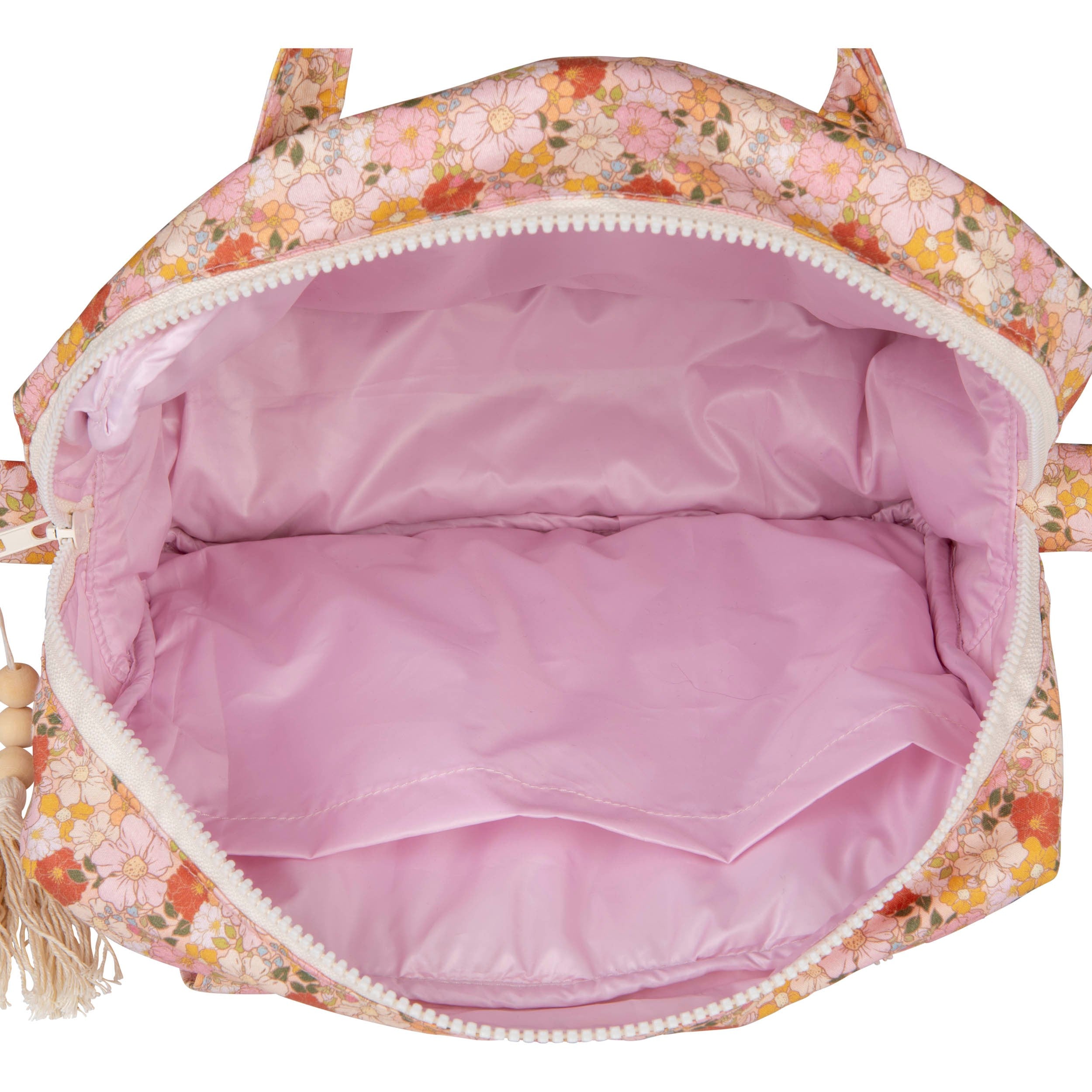 Large Make-Up Bag Spring Garden öppnad, visar rosa blommigt yttertyg, vit dragkedja och rosa sidentfoder inuti