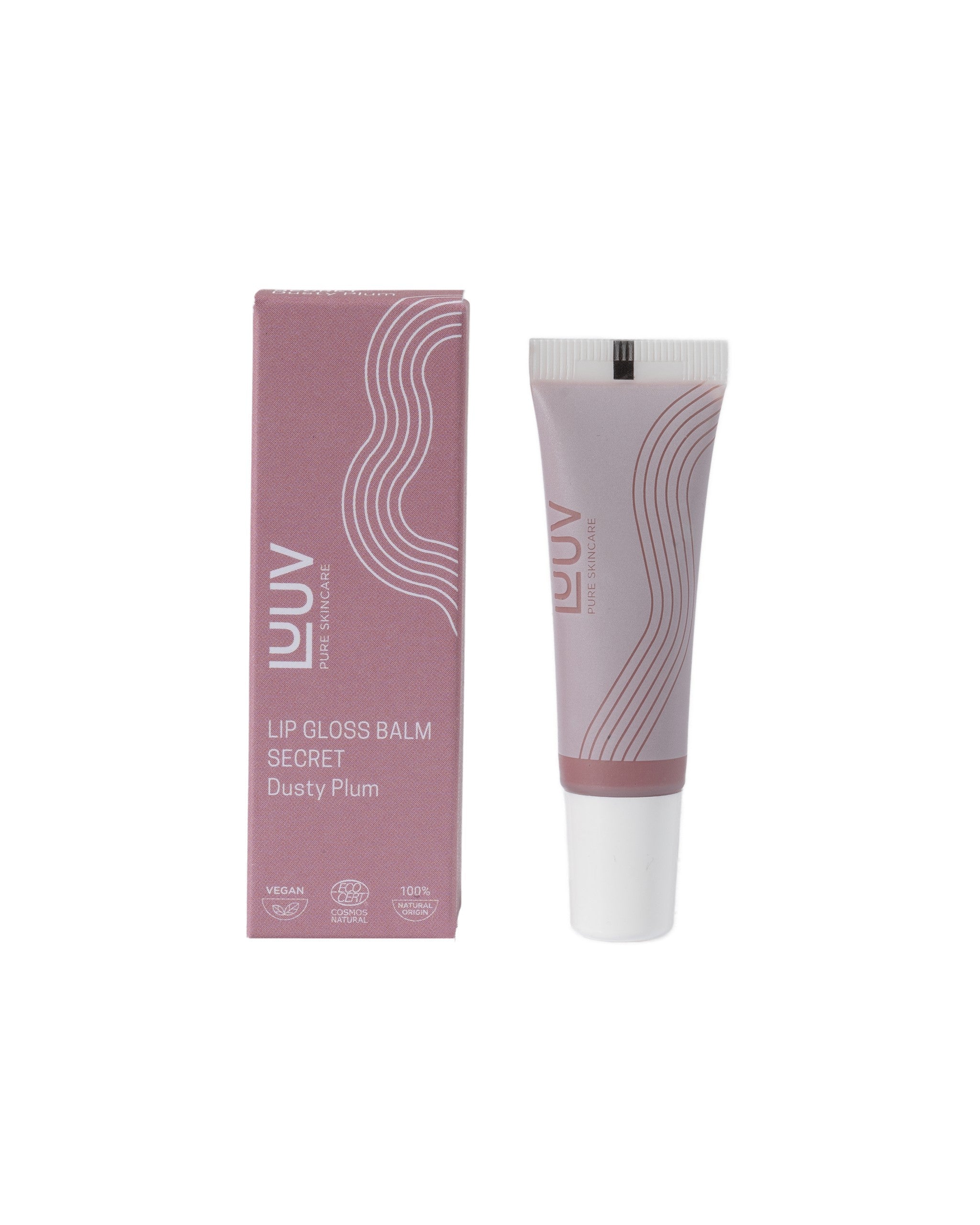 Lip Gloss Balm Secret i rosa tub med matchande kartong, dusty plum färg, vegan märkning synlig