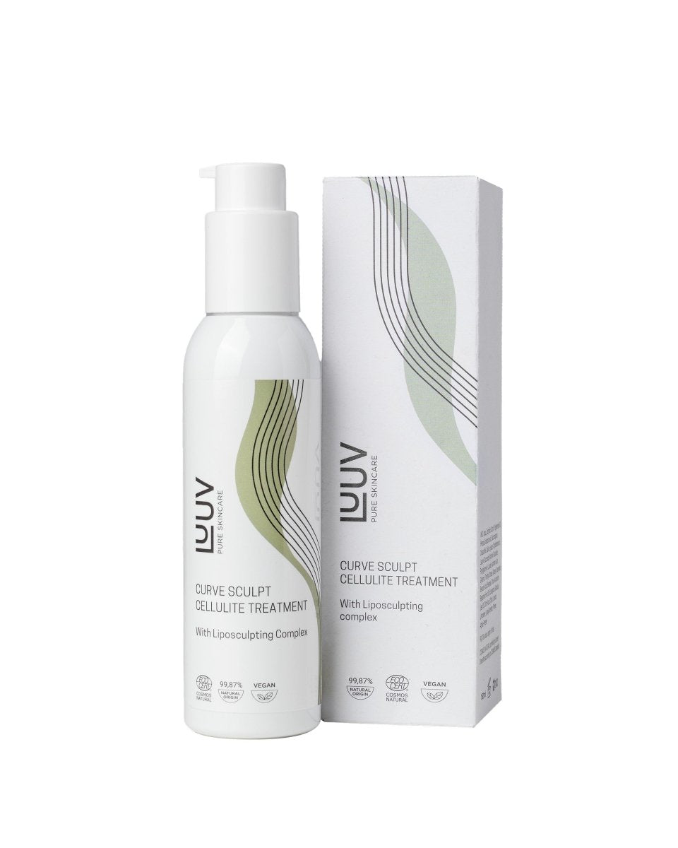LUUV Curve Sculpt Cellulite Treatment vit flaska med pump och matchande förpackning med gröna kurviga designelement