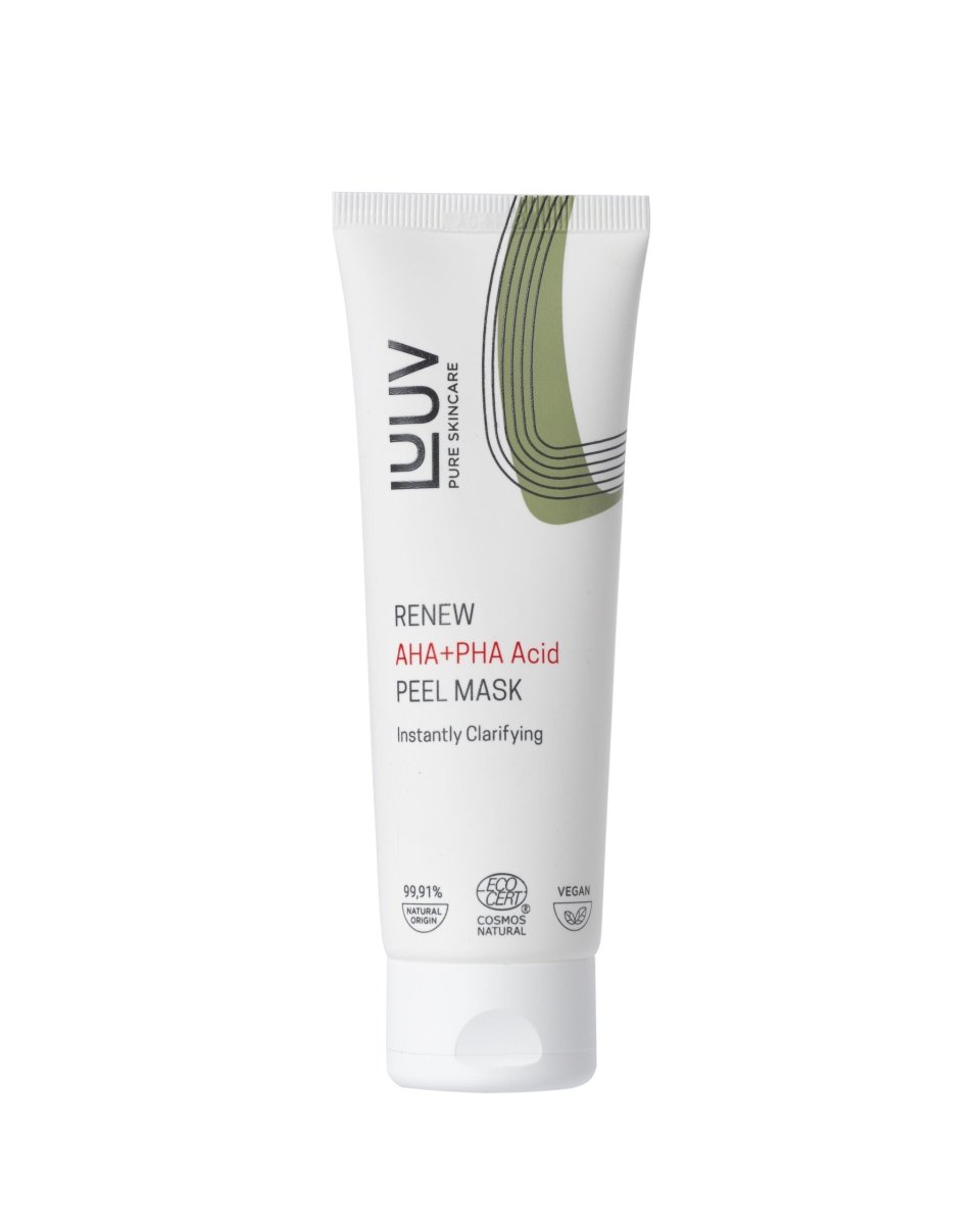 LUUV Renew Peel Mask i vit tub med grönaktiga designelement, AHA+PHA syraexfoliering för förnyelse av huden