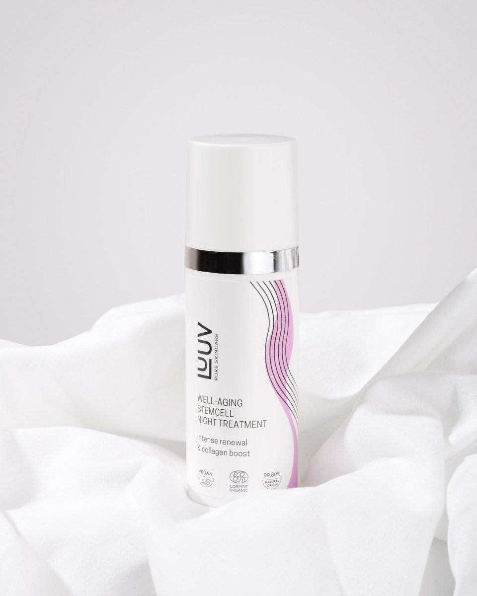 Vit burk med silverfärgat lock för IDUV nattkräm StemCell med rosa dekorativa linjer på elegant vit bakgrund