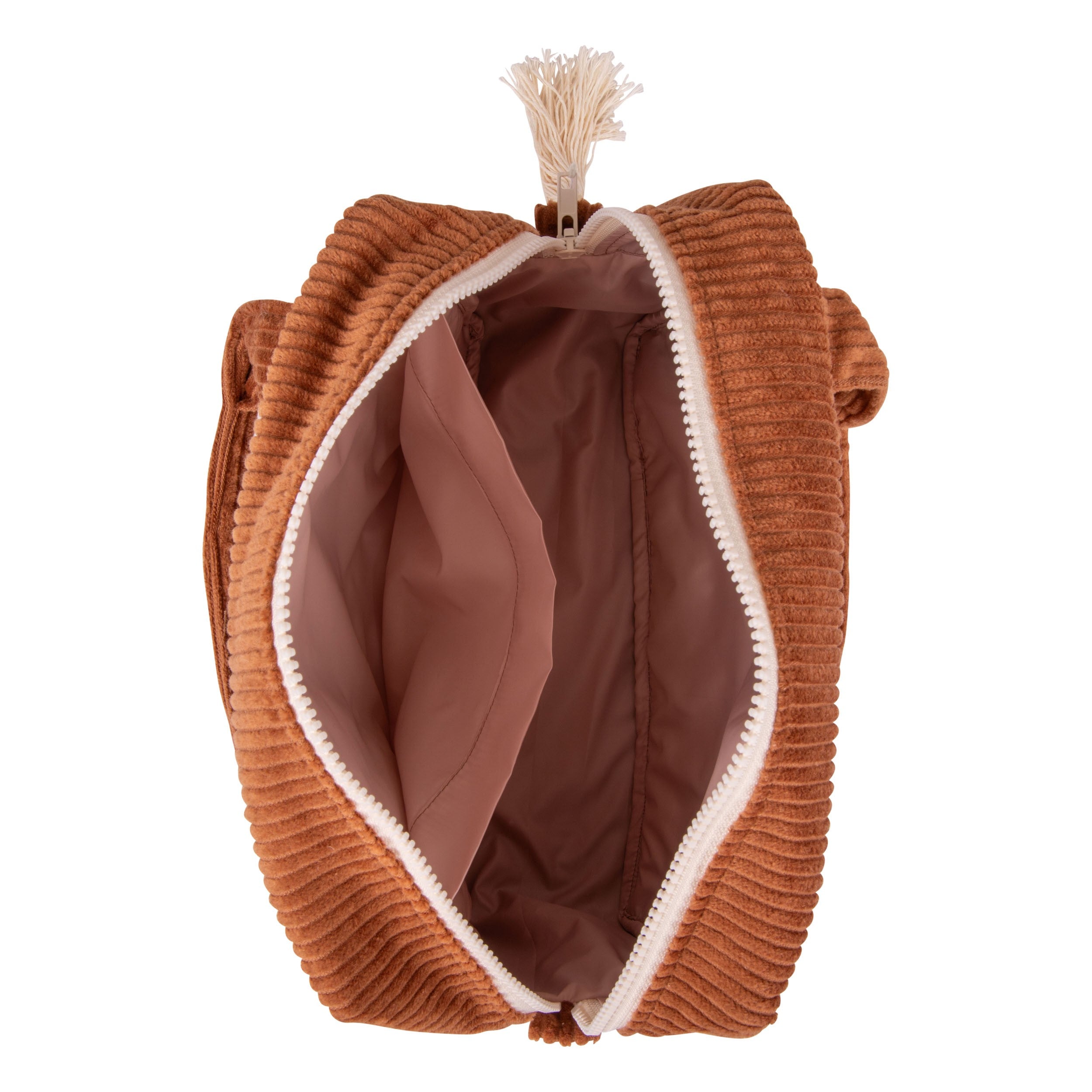 Make-Up Bag Set of 2 - Caramel: öppen manchesterfärgad necessär med brun satin-foder och cremefärgad dragkedja