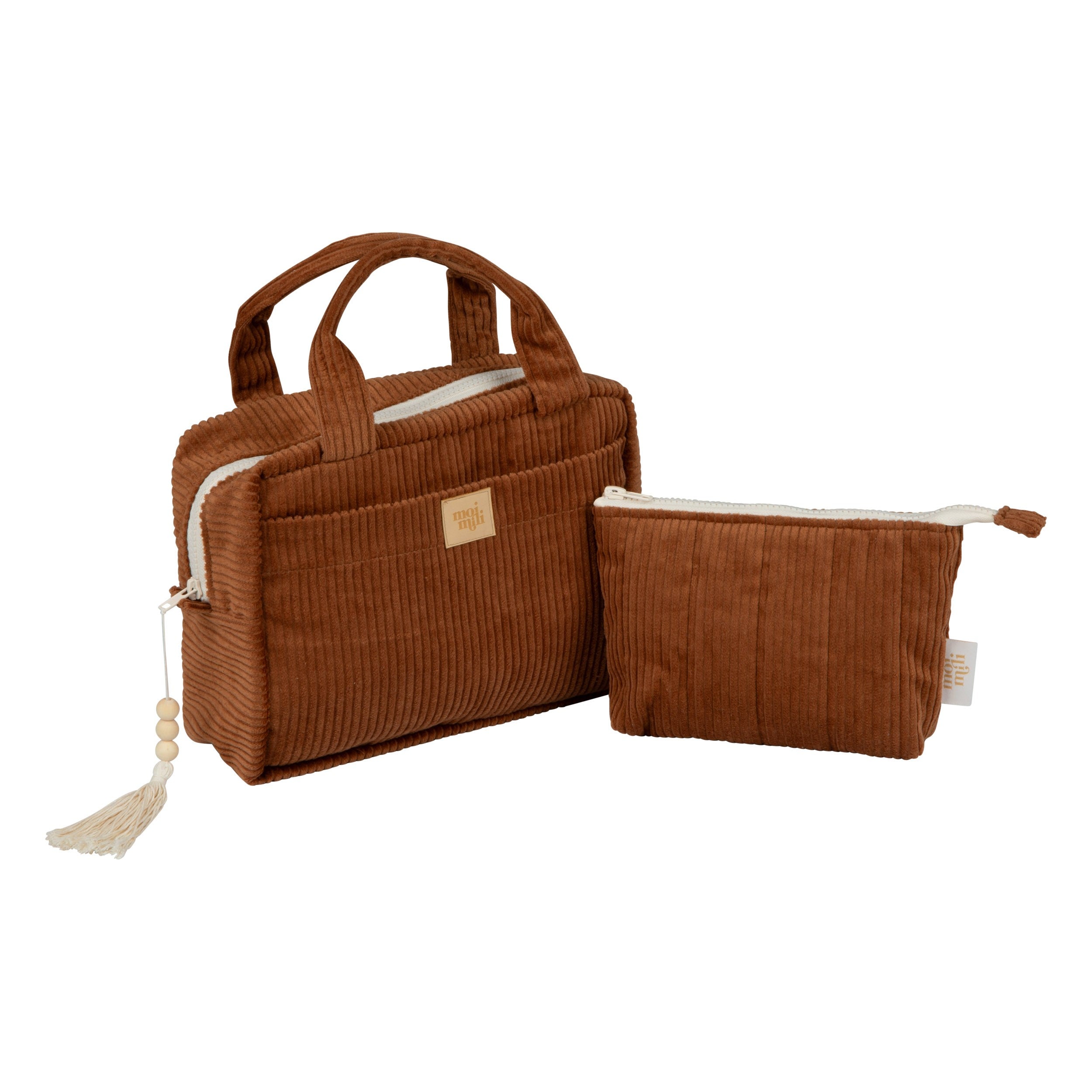 Make-Up Bag Set of 2 - Caramel: två bruna manchester necessärer med vita detaljer och handtag