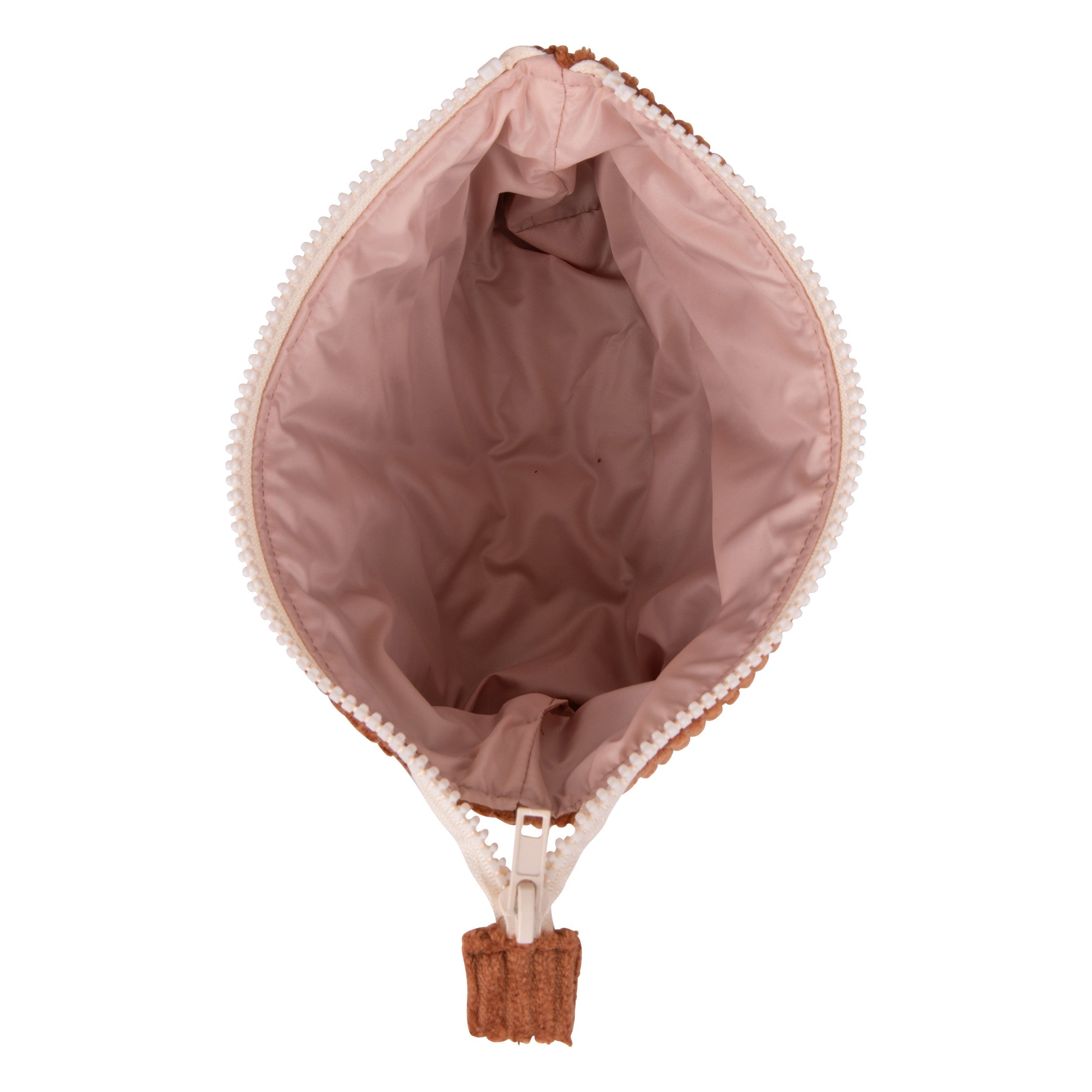 Öppen sminkväska i karamellbrun färg med rosa textilinsida och vit dragkedja - Make-Up Bag Set of 2 Caramel