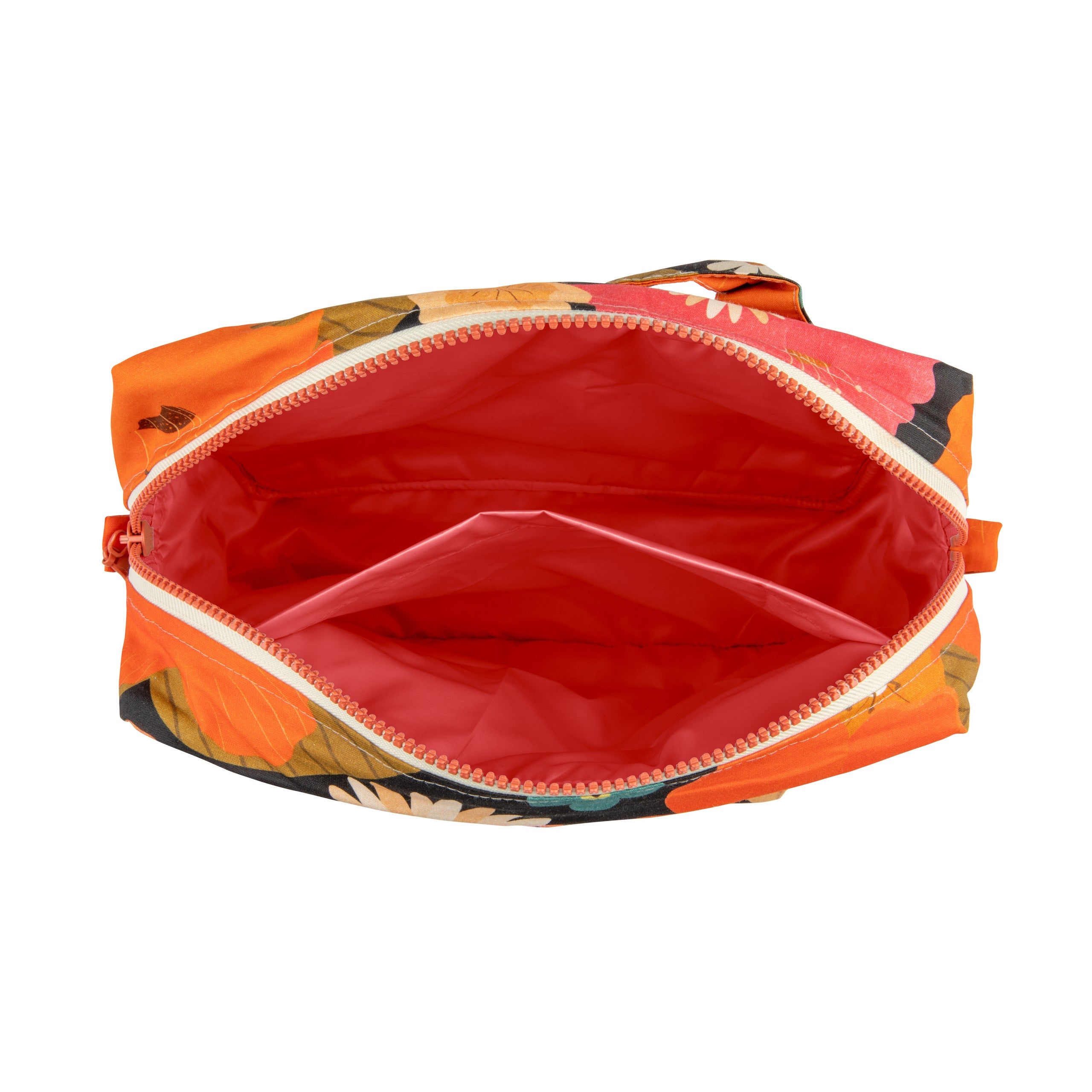 Öppen make-up väska med orange blommönster och röd insida, del av Make-Up Bag Set of 2 - Picnic With Flowers