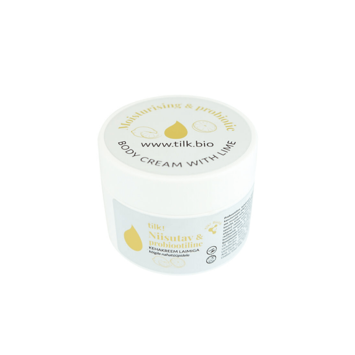 Vit rund burk med Moisturising Probiotic Body Cream with Lime. Guldgul logotyp och text på vitt lock och etikett.